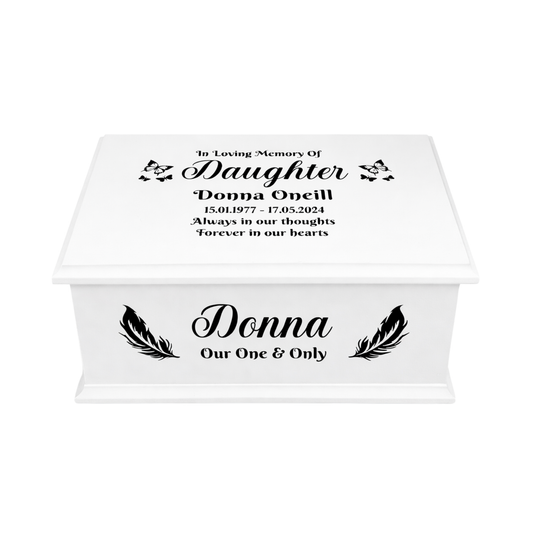 White ashes casket box with black personalised text on a white background