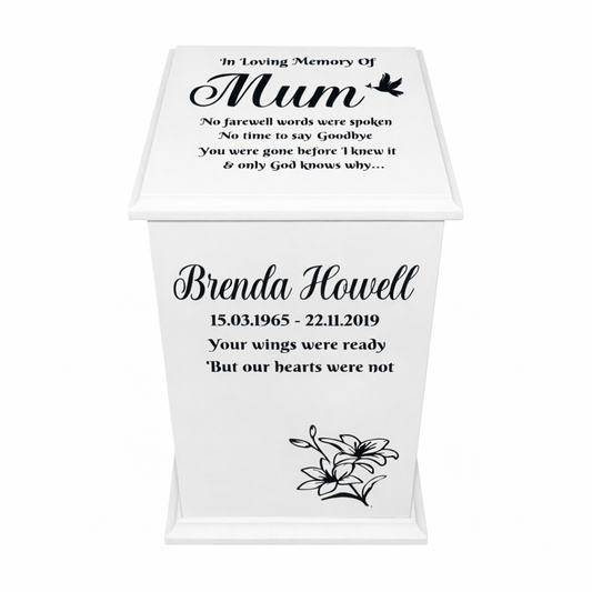 White urn with personalised text and floral design on a white background