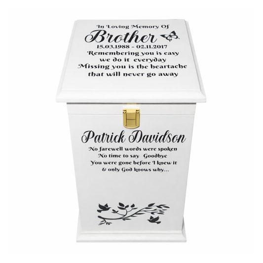 Memorial urn with personalised text for a brother on a white background