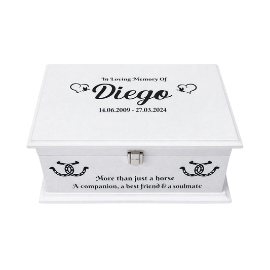 Memorial box for a horse named Diego with personalised text on a white background