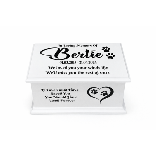 Memorial box for a pet named Bertie with personalised text on a white background