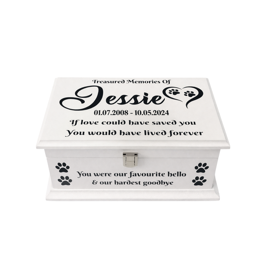 White pet memorial box with personalised text and paw prints on a white background