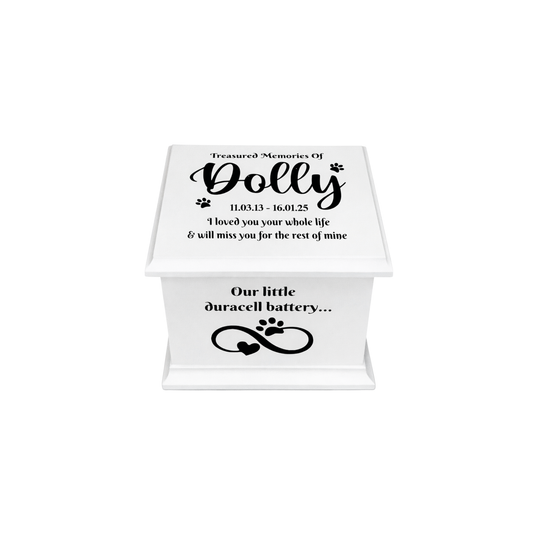 White urn with personalized text on a white background