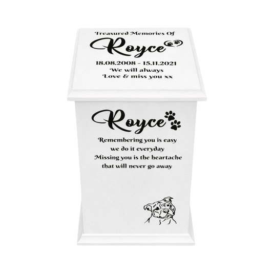 Memorial urn with personalised text and a dog illustration on a white background