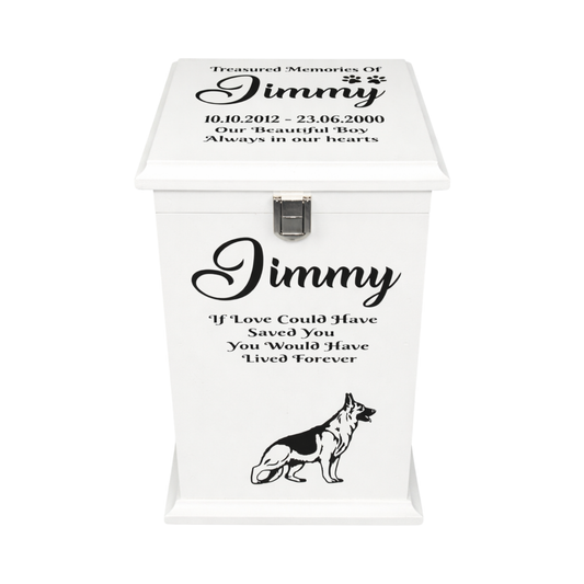 Pets Personalised memorial ashes casket – pillar – external clasp – handmade in the UK
