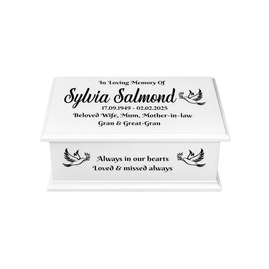 White urn with personalised text on a white background