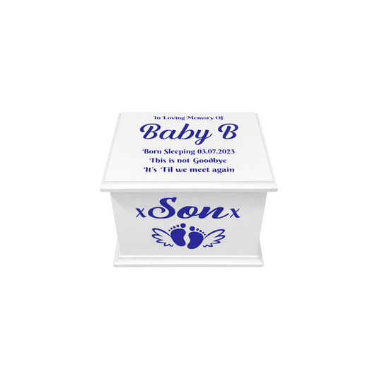 White urn with blue text and design on a white background